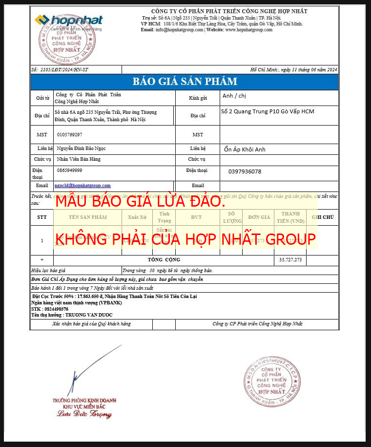 Mẫu báo giá GIẢ MẠO, không phải của Hợp Nhất Group Mẫu báo giá GIẢ MẠO, không phải của Hợp Nhất Group