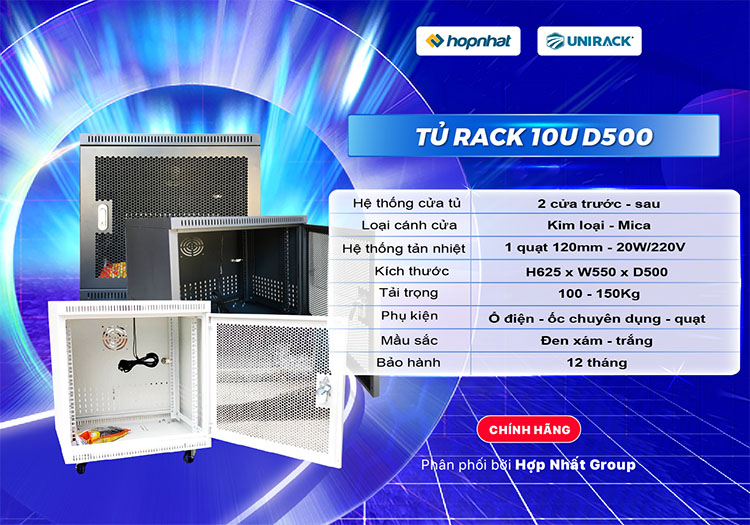 Tủ rack 10U D500 cửa lưới màu đen Unirack Tủ rack 10U D500 cửa lưới màu đen Unirack