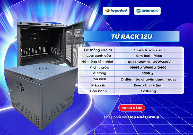 Tủ rack 12U D600 cửa lưới màu đen Unirack