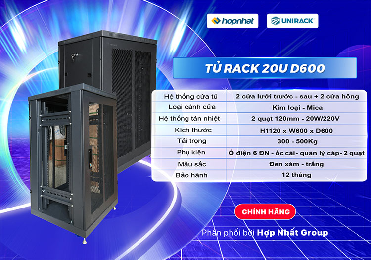 Tủ rack 20U D600 2 cửa lưới màu đen Unirack