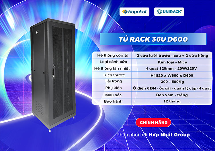 Tủ rack 36U D600 2 cửa lưới Unirack