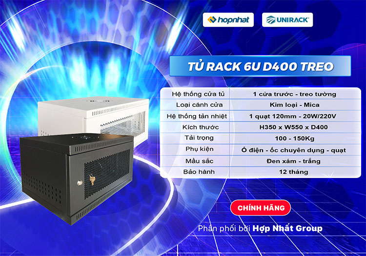 Tủ rack 6U D400 màu đen cửa lưới Unirack