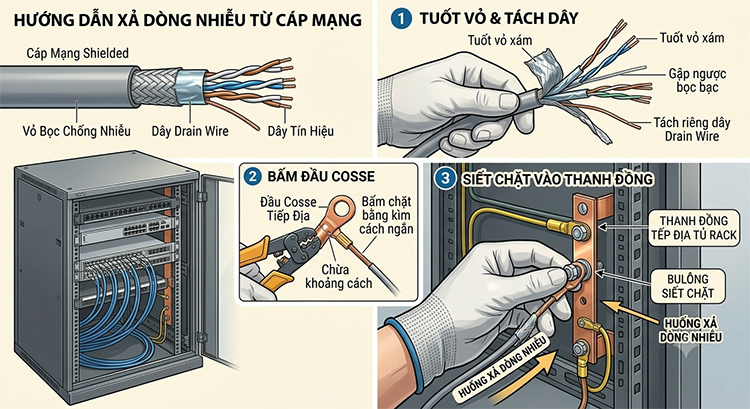 Cách xả dòng nhiễu từ cáp mạng xuống thanh đồng tiếp địa của tủ Rack