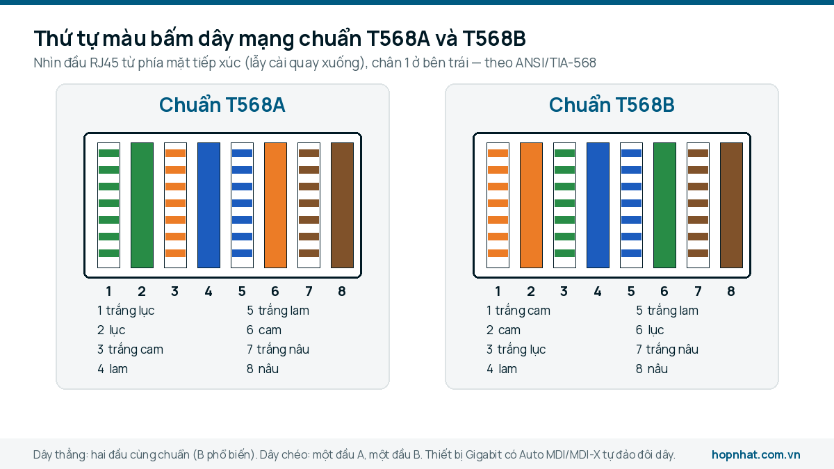 Bảng thứ tự màu 8 chân hạt RJ45 theo chuẩn T568A và T568B