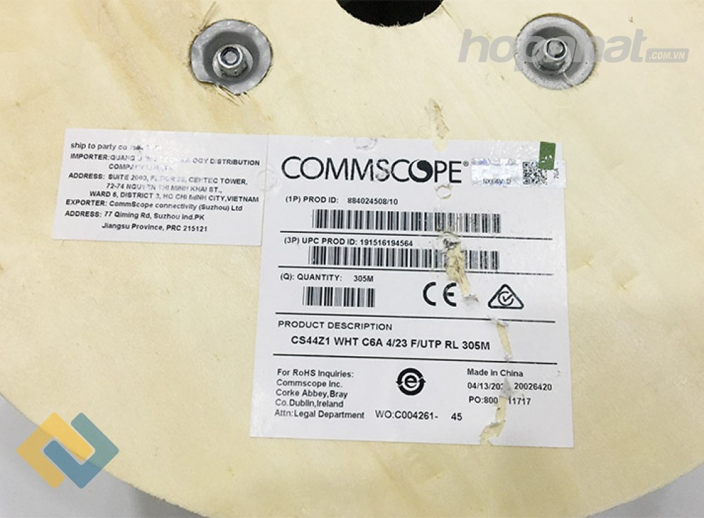 Tem cuộn cáp mạng Commscope Cat6A F/UTP 884024508/10 ghi CS44Z1 WHT C6A 4/23 F/UTP RL 305M