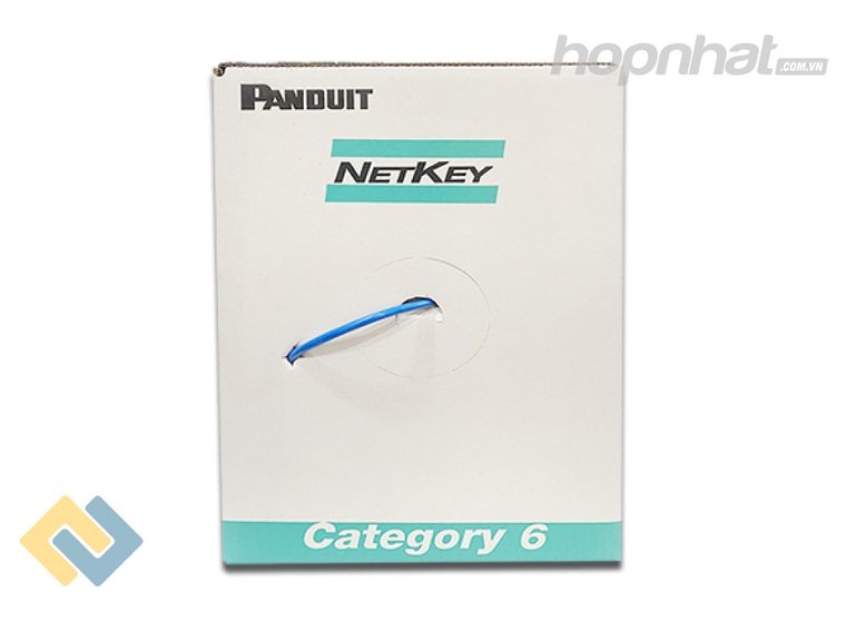Thùng dây mạng Cat6 UTP Panduit NetKey màu trắng xanh, sợi cáp xanh dương kéo ra từ lỗ giữa thùng
