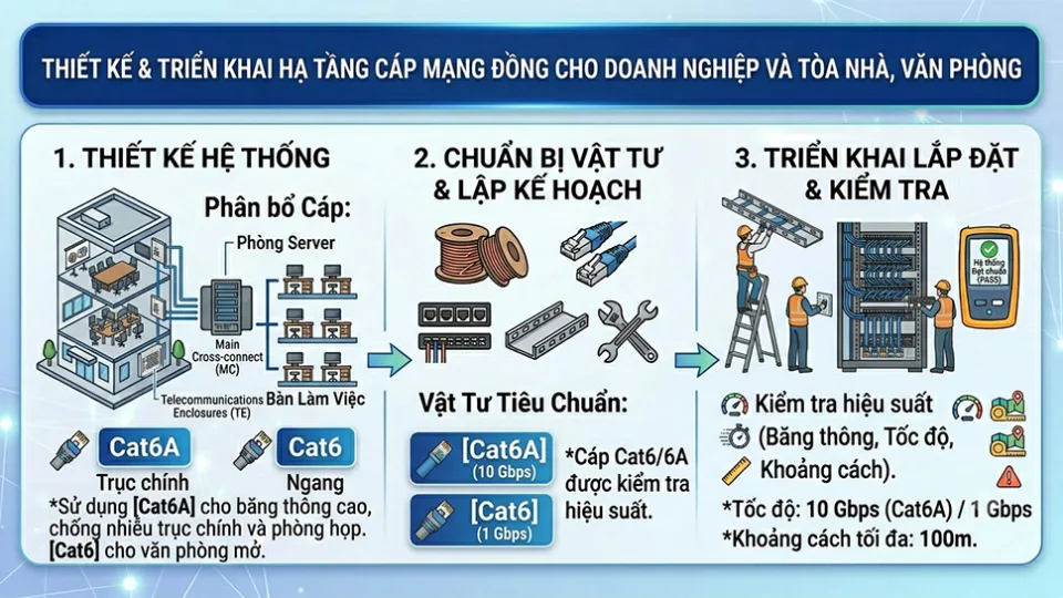 Thiết kế và thi công hạ tầng cáp mạng văn phòng doanh nghiệp: từ quy hoạch đến nghiệm thu
