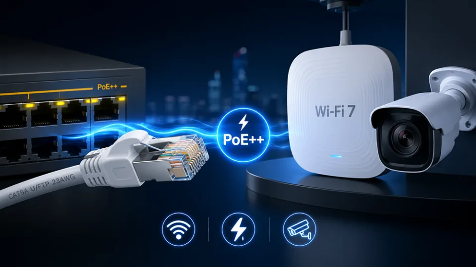 Cáp mạng cấp nguồn PoE++ cho Wi-Fi 7, camera công suất lớn: 23 AWG, Cat6A F/UTP, bó cáp, nghiệm thu
