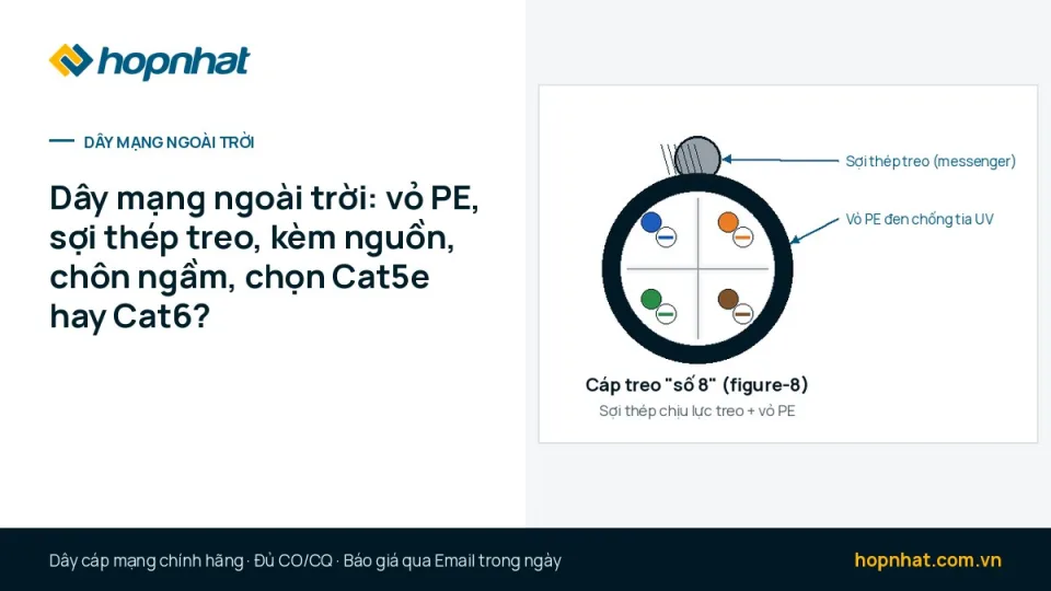 Dây mạng ngoài trời: vỏ PE, sợi thép treo, kèm nguồn, chôn ngầm, chọn Cat5e hay Cat6?