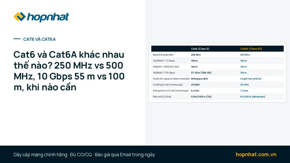 Cat6 và Cat6A khác nhau thế nào? 250 MHz vs 500 MHz, 10 Gbps 55 m vs 100 m, khi nào cần