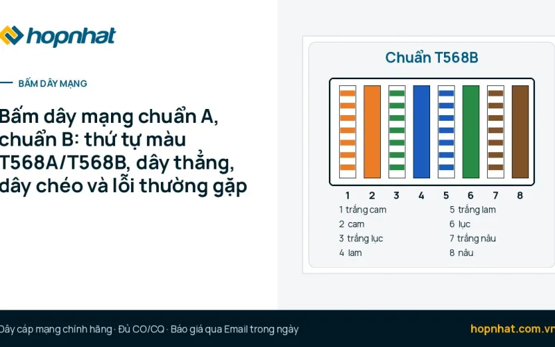 Bấm dây mạng chuẩn A, chuẩn B: thứ tự màu T568A/T568B, dây thẳng, dây chéo và lỗi thường gặp