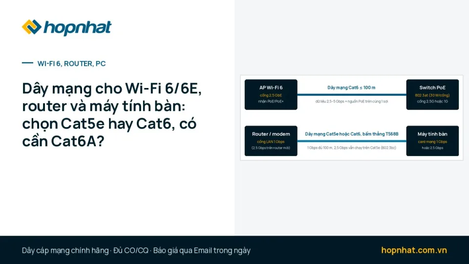 Dây mạng cho Wi-Fi 6/6E, router và máy tính bàn: chọn Cat5e hay Cat6, có cần Cat6A?