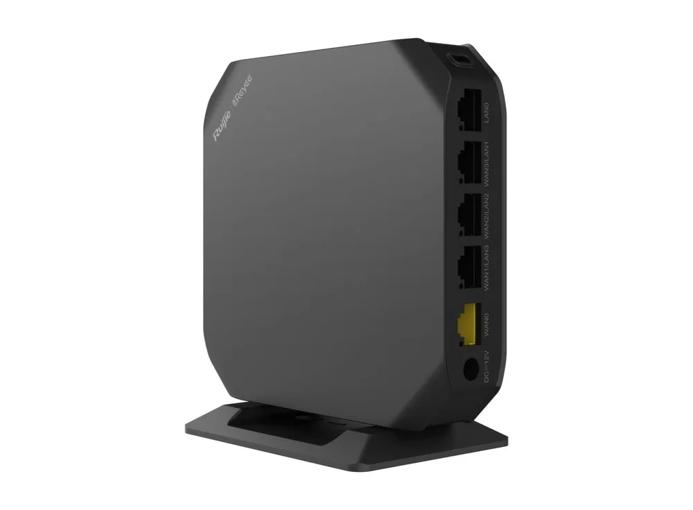 Gateway Ruijie RG-EG105GW(T) đặt đứng, nhìn từ phía dãy cổng mạng, ảnh hãng
