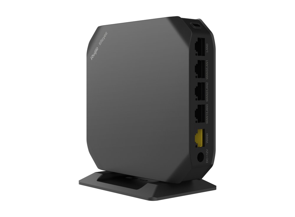 Gateway Ruijie RG-EG105GW(T) đặt đứng, nhìn từ phía dãy cổng mạng, ảnh hãng