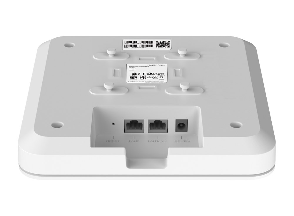 Ảnh hãng chụp mặt lưng RG-RAP2200(E), AP có 2 cổng Gigabit và nguồn DC 12 V hoặc PoE