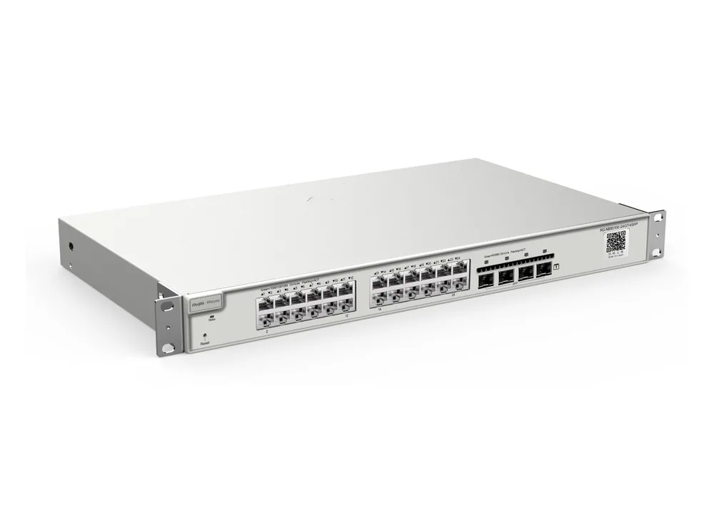Switch Layer 3 Ruijie RG-NBS5200-24GT4XS nhìn nghiêng từ phía trước, ảnh hãng