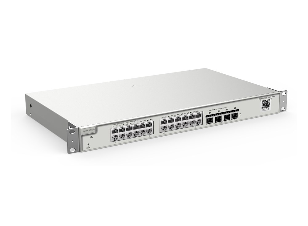 Switch Layer 3 Ruijie RG-NBS5200-24GT4XS nhìn nghiêng từ phía trước, ảnh hãng