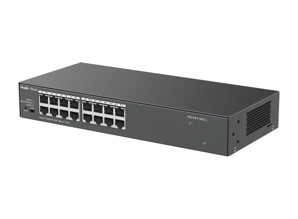 Switch Ruijie RG-ES116G-L vỏ kim loại, ảnh hãng chụp góc nghiêng mặt trước