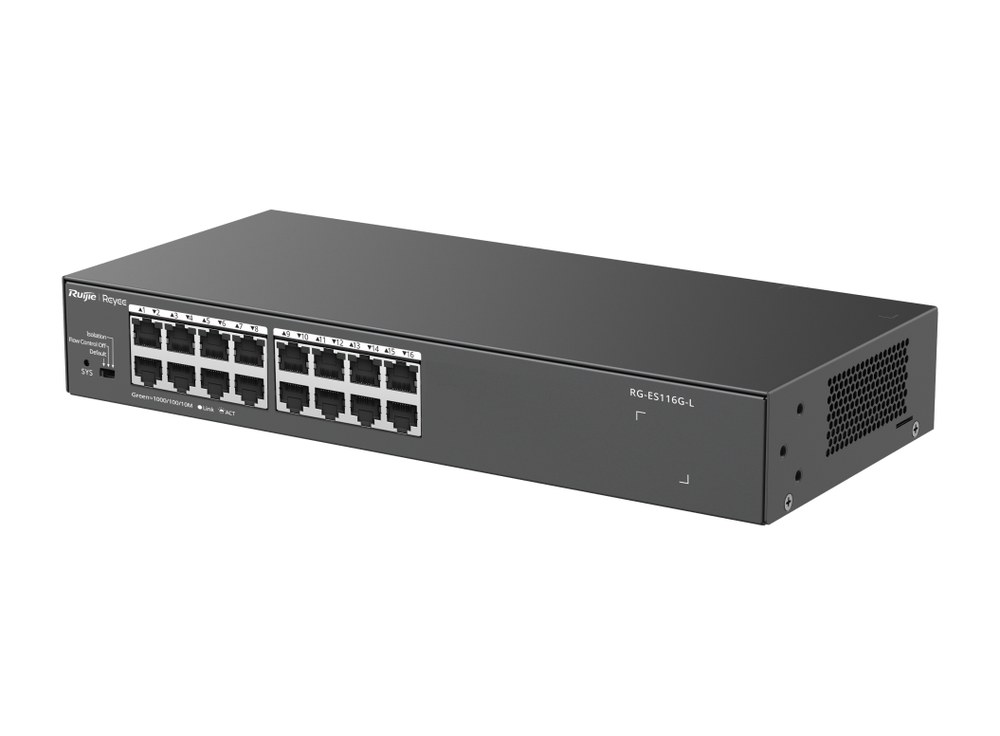 Switch Ruijie RG-ES116G-L vỏ kim loại, ảnh hãng chụp góc nghiêng mặt trước