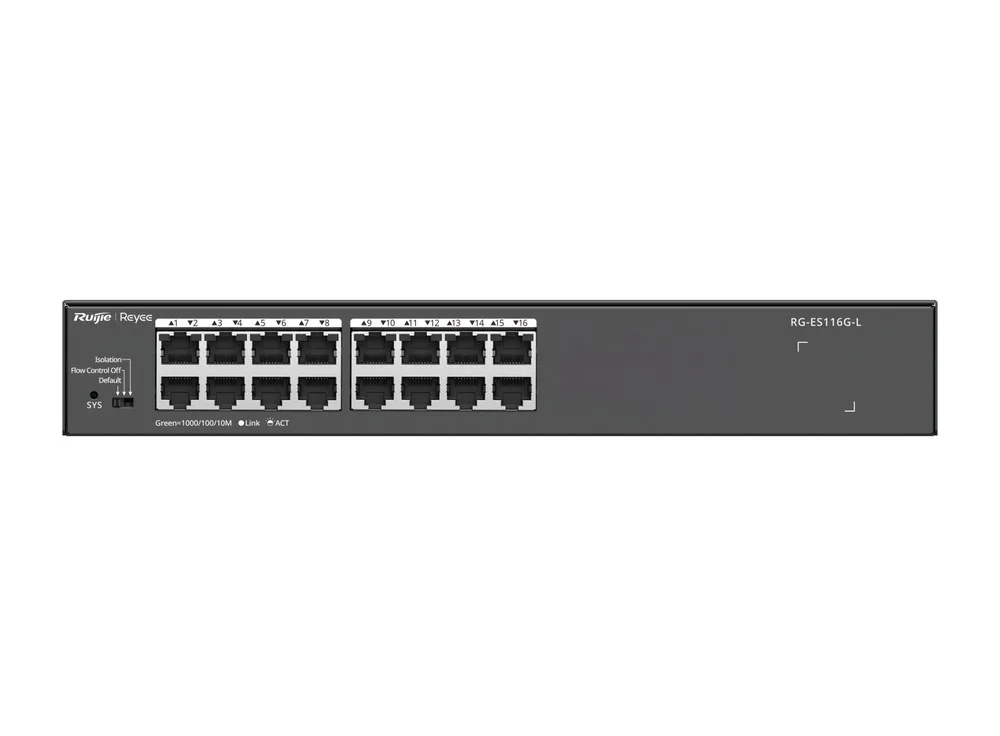 Mặt trước RG-ES116G-L gồm cổng mạng, công tắc chọn chế độ và đèn báo