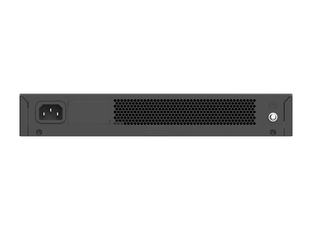 Mặt sau switch RG-ES116G-L có ổ cấp nguồn AC và vít tiếp đất