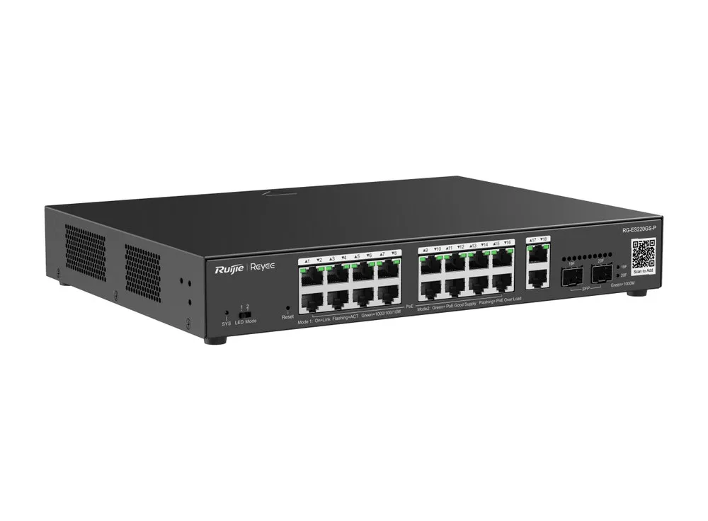 Switch PoE Ruijie RG-ES220GS-P 20 cổng Gigabit chụp góc nghiêng