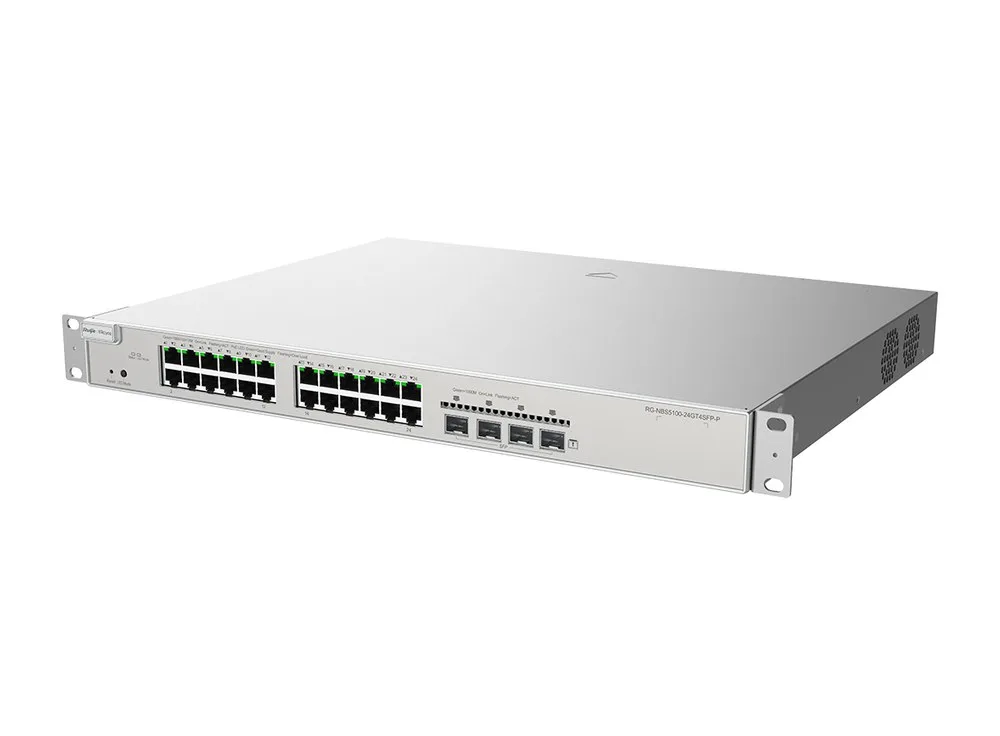 RG-NBS5200-24GT4XS-P chụp chếch từ bên phải mặt trước, ảnh hãng Ruijie