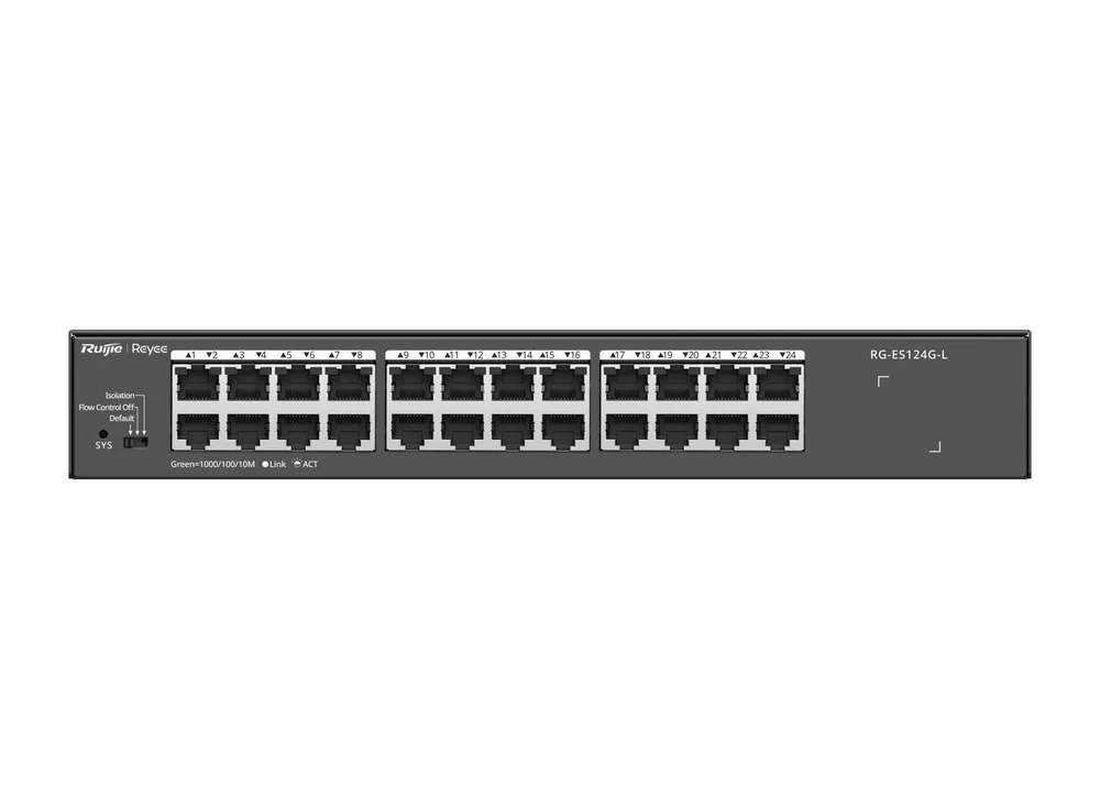 Mặt trước switch Ruijie RG-ES124G-L với 24 cổng RJ45 10/100/1000 Mbps