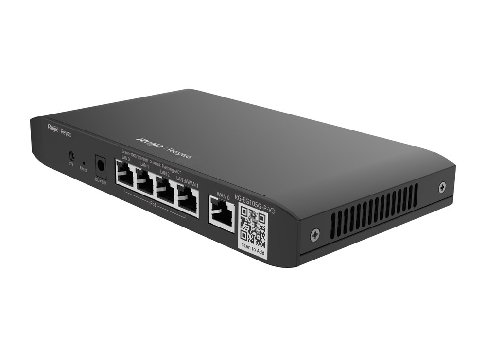 Router PoE Reyee RG-EG105G-P-V3 nhìn chéo từ bên trái, ảnh hãng