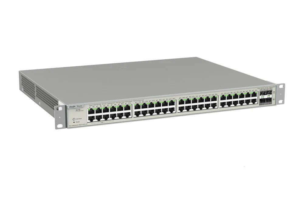RG-NBS5200-48GT4XS-UP nhìn chếch mặt trước với 48 cổng RJ45 và 4 cổng SFP+, ảnh hãng