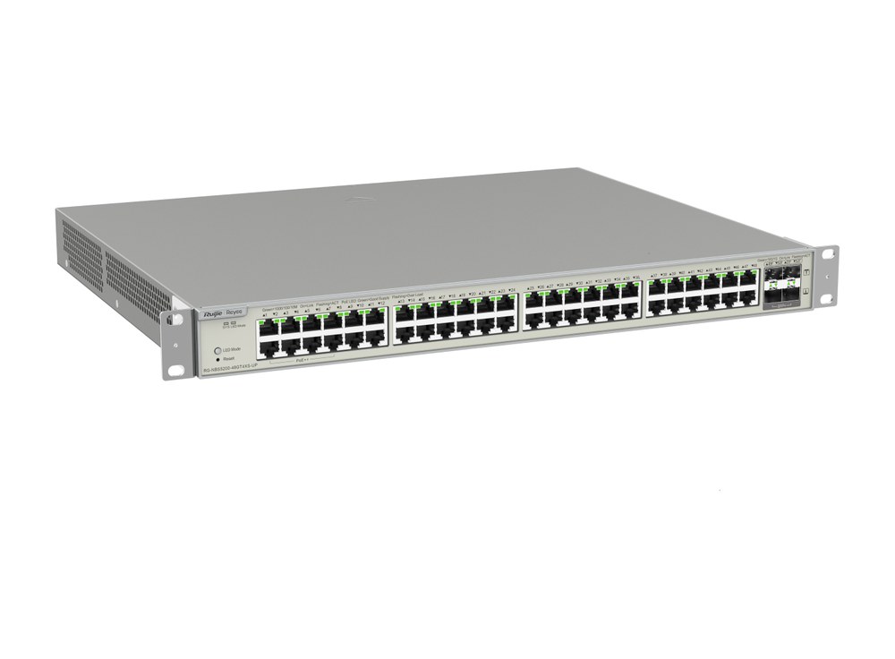 RG-NBS5200-48GT4XS-UP nhìn chếch mặt trước với 48 cổng RJ45 và 4 cổng SFP+, ảnh hãng