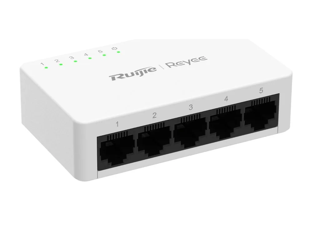 Switch Ruijie RG-ES05F vỏ nhựa, ảnh hãng chụp nghiêng phía 5 cổng mạng