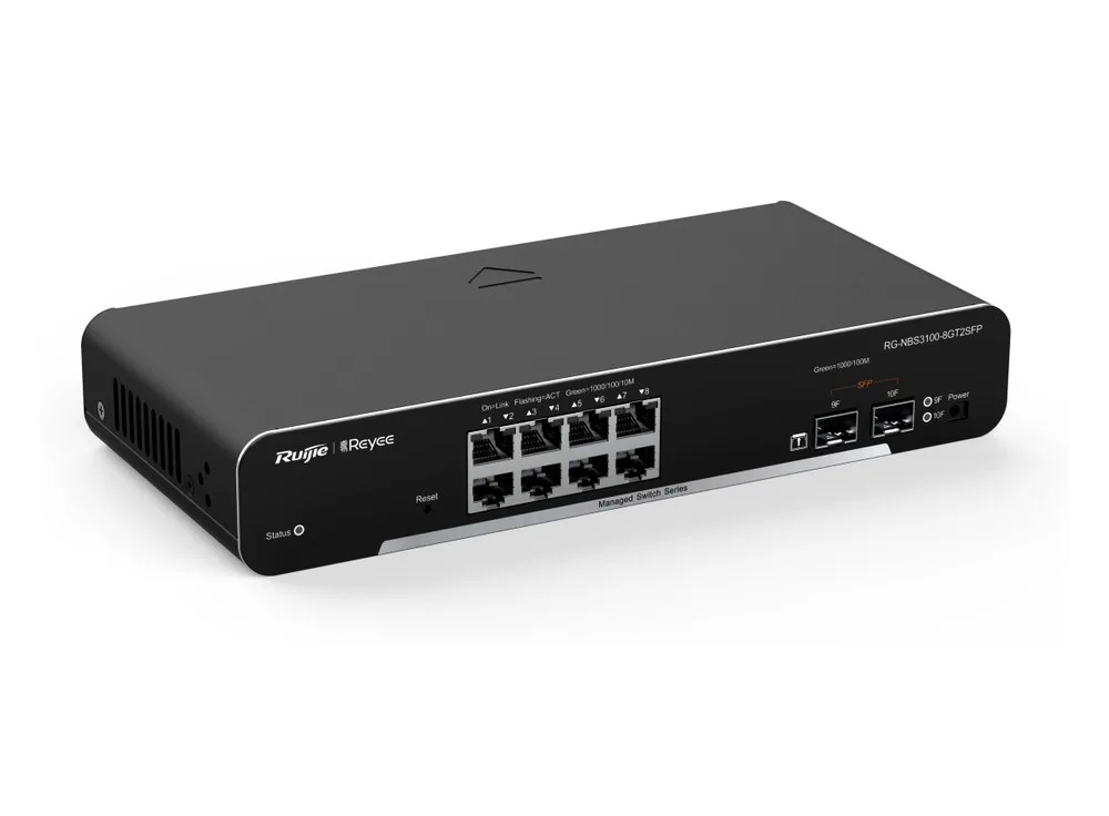Switch Ruijie RG-NBS3100-8GT2SFP chụp nghiêng, 8 cổng Gigabit và 2 cổng SFP