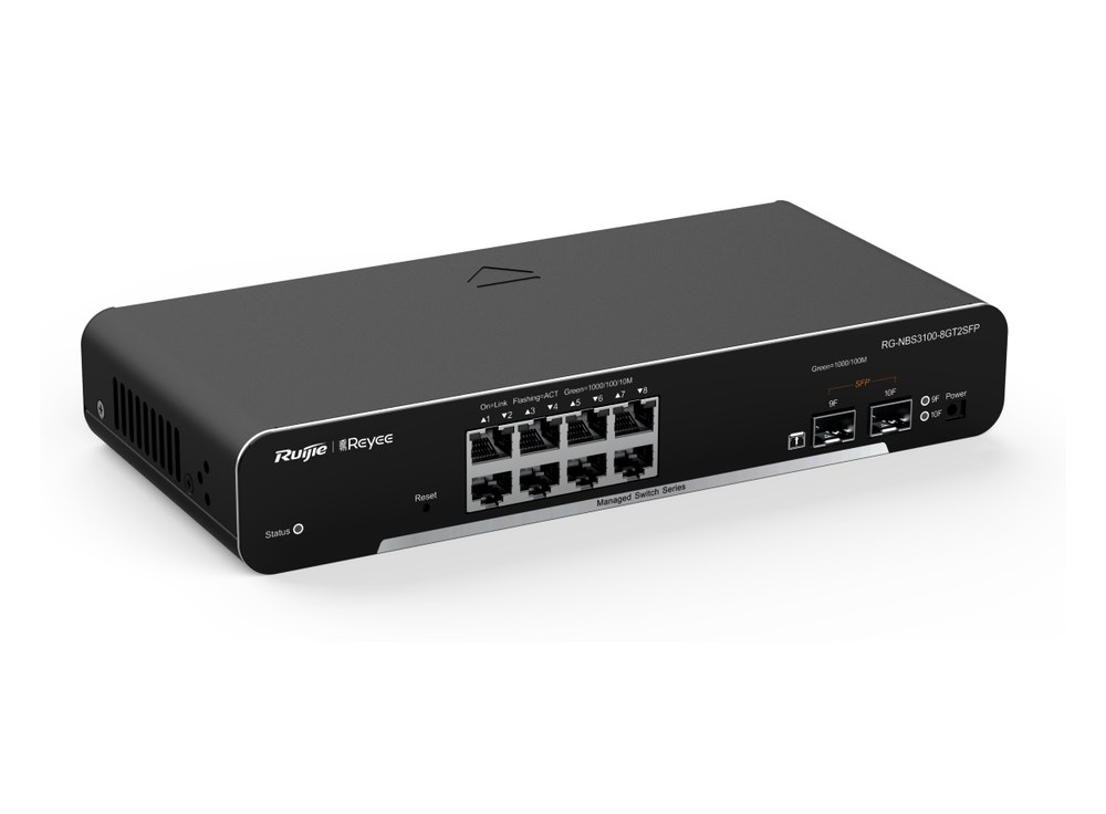 Switch Ruijie RG-NBS3100-8GT2SFP chụp nghiêng, 8 cổng Gigabit và 2 cổng SFP