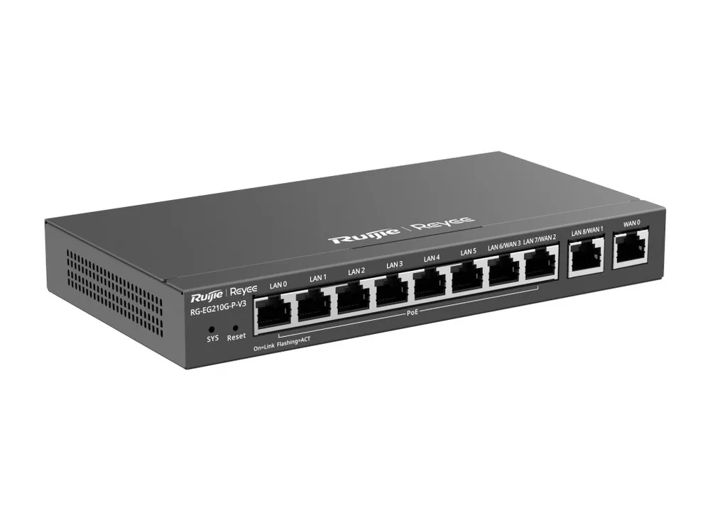 Router PoE Reyee RG-EG210G-P-V3 nhìn chéo phía trước bên trái, ảnh hãng