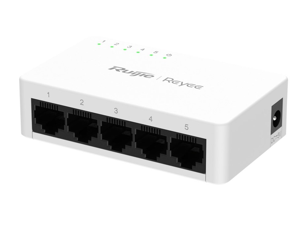 Switch Ruijie RG-ES05G-L 5 cổng Gigabit, ảnh hãng chụp nghiêng thấy cổng nguồn DC ở cạnh phải
