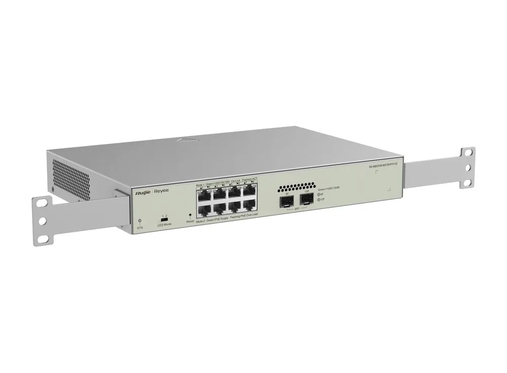 RG-NBS3100-8GT2SFP-P-V2 gắn tai rack, chụp nghiêng từ phía trước