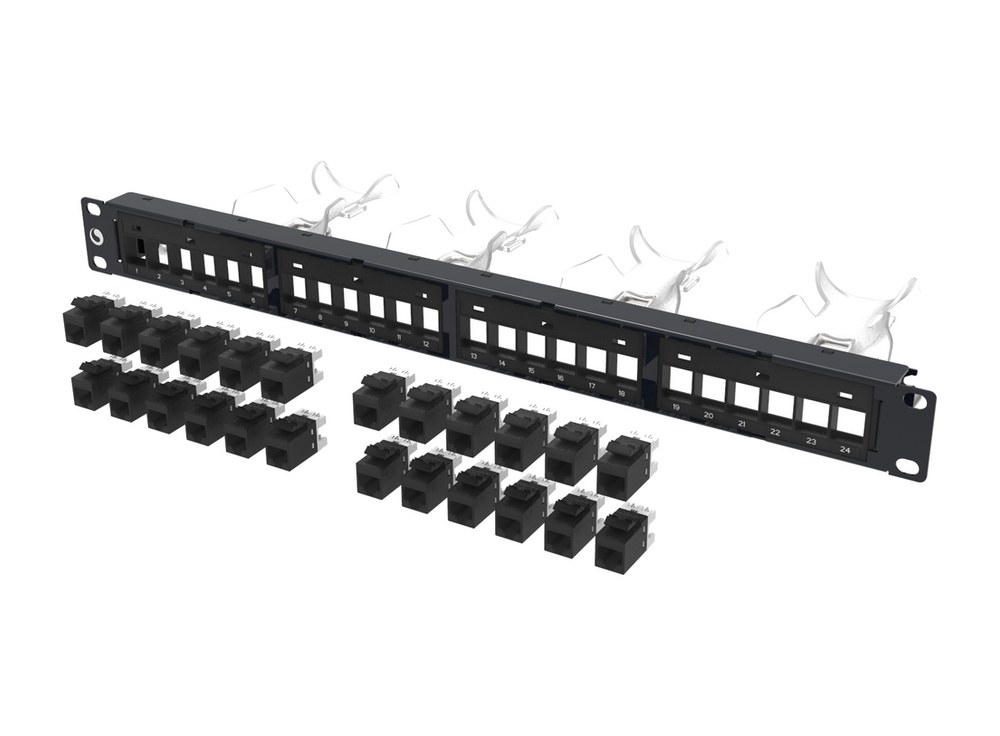 Mặt trước patch panel Commscope 760242562 cùng 24 nhân mạng để rời giao kèm