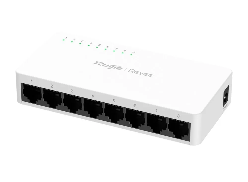 RG-ES08F chụp nghiêng, thấy dãy 8 cổng RJ45 và cổng nguồn DC ở cạnh phải