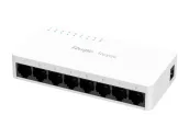 Ảnh thu nhỏ RG-ES08F chụp nghiêng, thấy dãy 8 cổng RJ45 và cổng nguồn DC ở cạnh phải