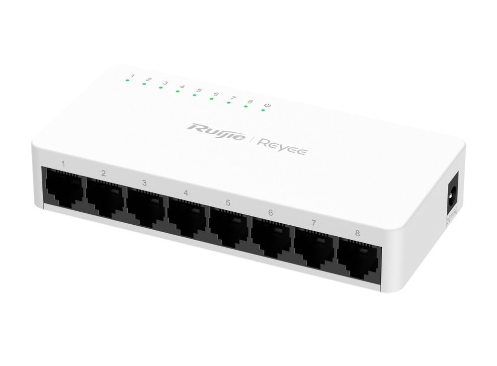 RG-ES08F chụp nghiêng, thấy dãy 8 cổng RJ45 và cổng nguồn DC ở cạnh phải