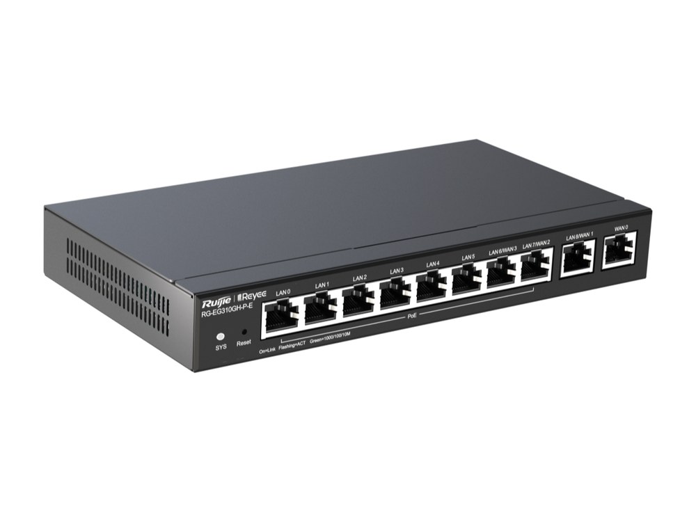 Router PoE văn phòng RG-EG310GH-P-E nhìn chéo phía trước bên phải, ảnh hãng Ruijie