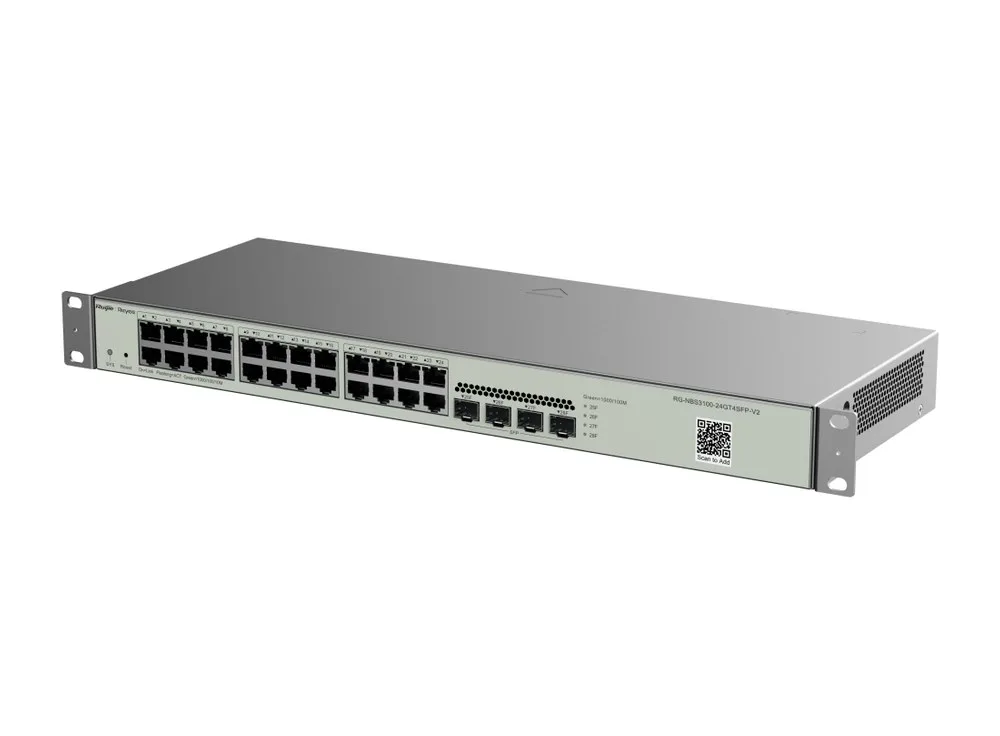RG-NBS3100-24GT4SFP-V2 nhìn nghiêng, dãy 24 cổng RJ45 và 4 cổng SFP
