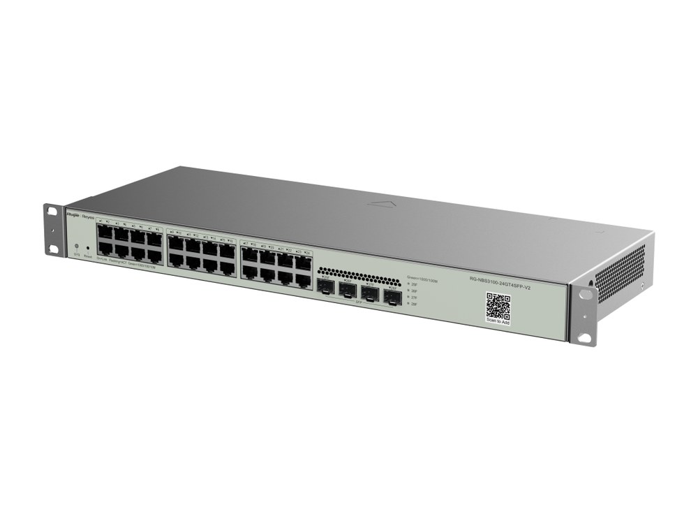 RG-NBS3100-24GT4SFP-V2 nhìn nghiêng, dãy 24 cổng RJ45 và 4 cổng SFP