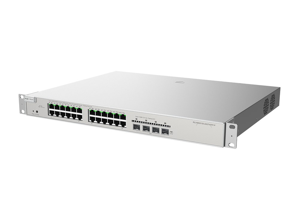 RG-NBS5100-24GT4SFP-P nhìn từ góc chéo phía trước, ảnh hãng