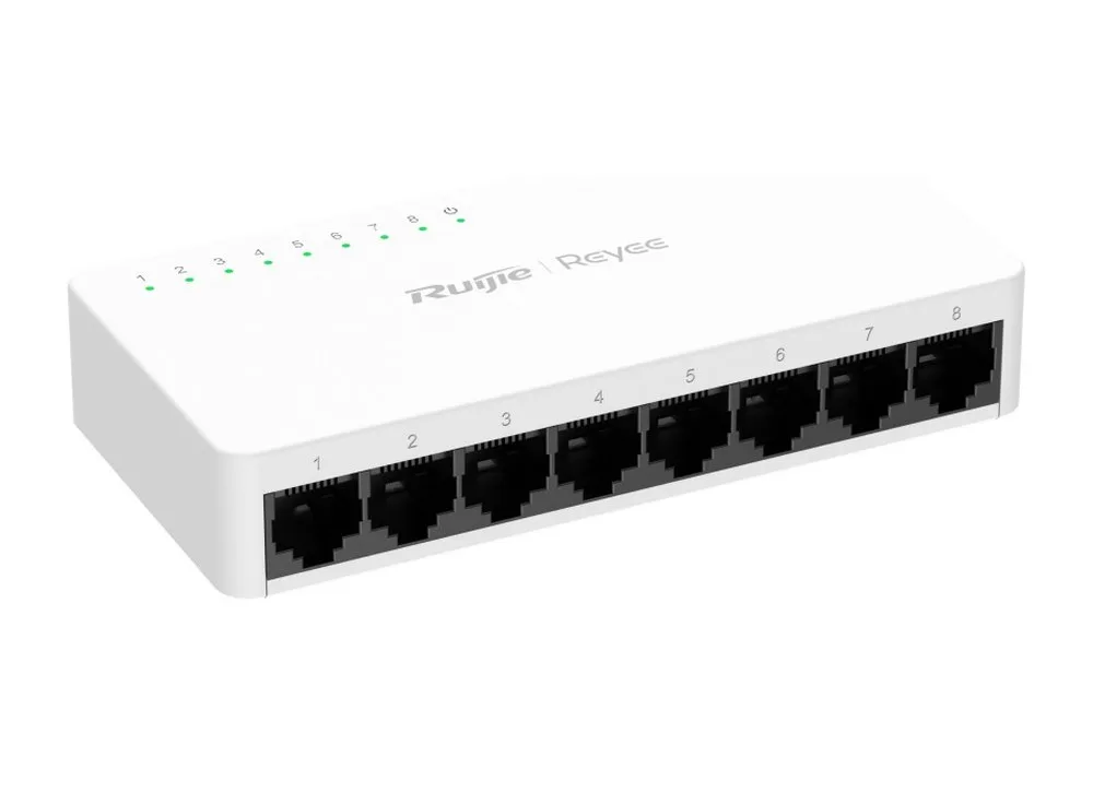 RG-ES08G-L chụp nghiêng, thấy dãy 8 cổng RJ45 Gigabit ở mặt trước