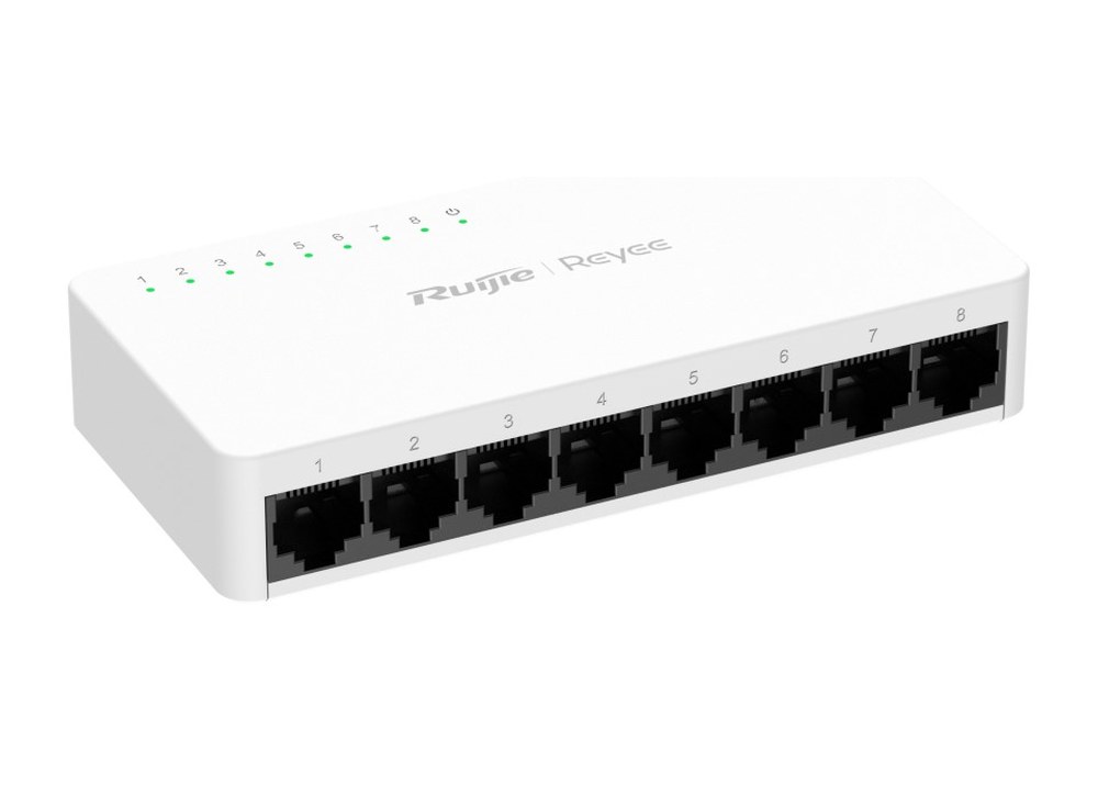 RG-ES08G-L chụp nghiêng, thấy dãy 8 cổng RJ45 Gigabit ở mặt trước