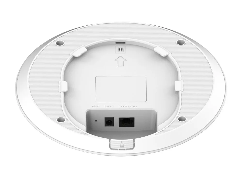Mặt sau bộ phát wifi RG-RAP72 chụp nghiêng; máy có 1 cổng 2,5GE, nút reset và cổng nguồn DC