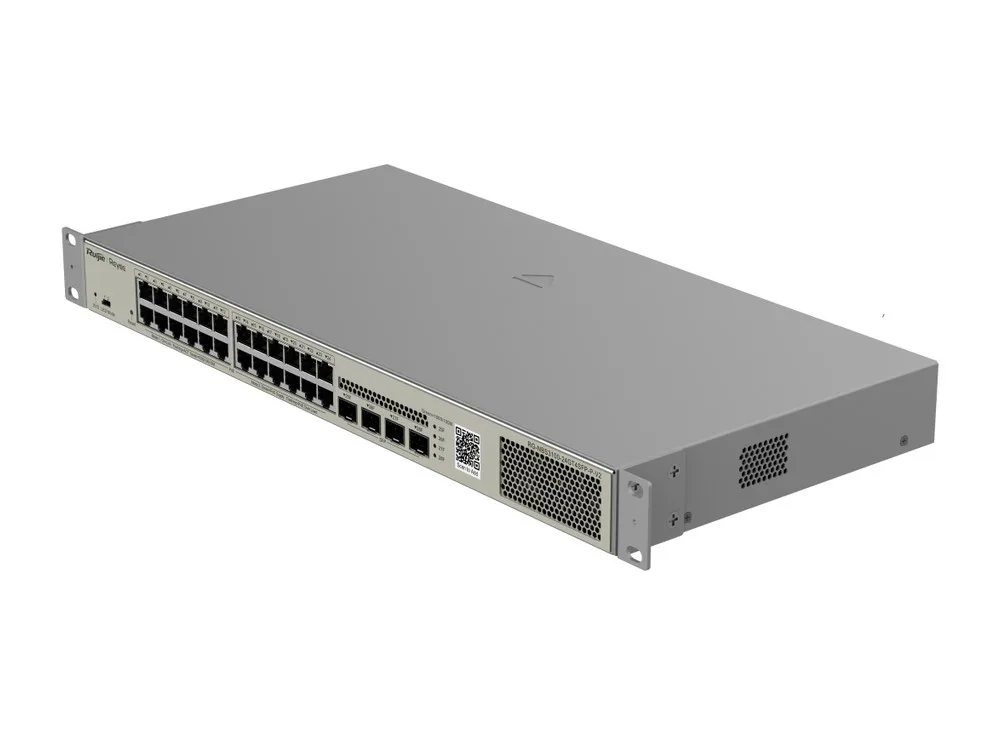 RG-NBS3100-24GT4SFP-P-V2 chụp nghiêng, 24 cổng PoE+ và 4 cổng SFP bên phải