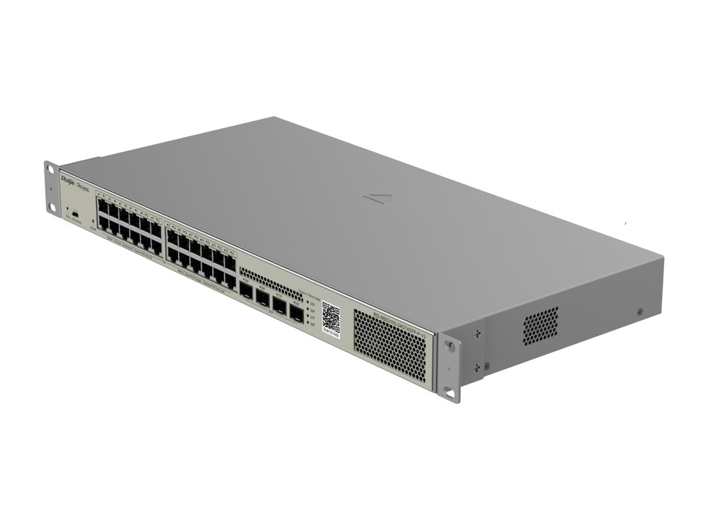 RG-NBS3100-24GT4SFP-P-V2 chụp nghiêng, 24 cổng PoE+ và 4 cổng SFP bên phải